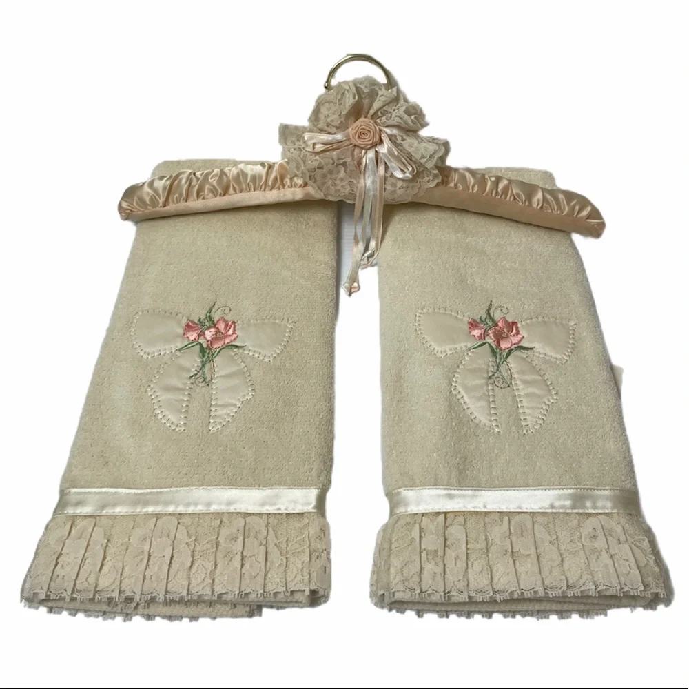 Romantic Lace Hand Towel Set Satin Silk Hanger Cottagecore Bath French Cottage